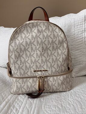 Michael Kors Beige Monogram Canvas Backpack with Gold Hardware